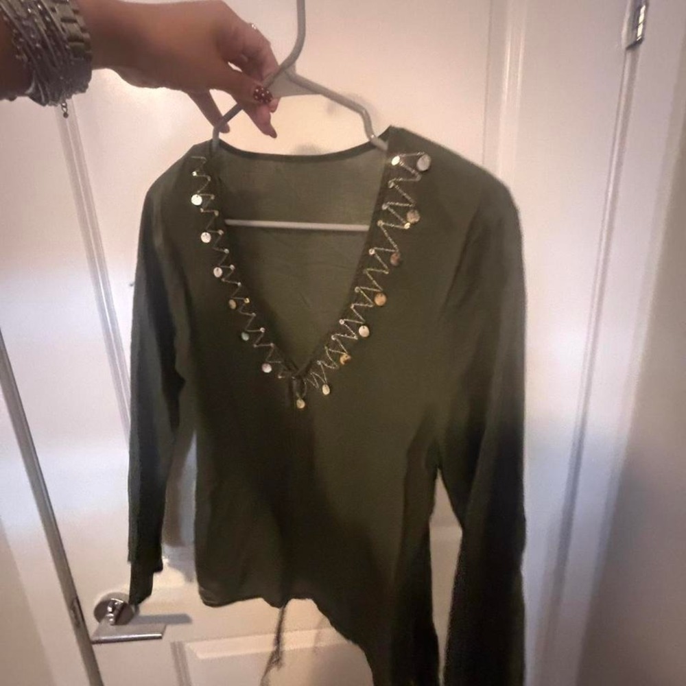 Khaki green long sleeve top with silver and gold beaded detailing - Picture 7 of 8